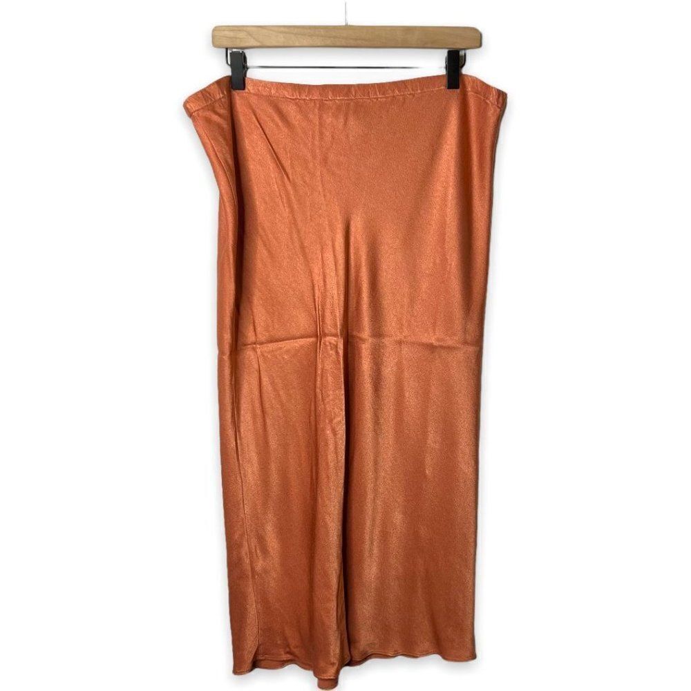 Krisa Women's Casual High Waisted Satin Maxi Skirt Pull On Solid Orange Size L - Picture 3 of 4